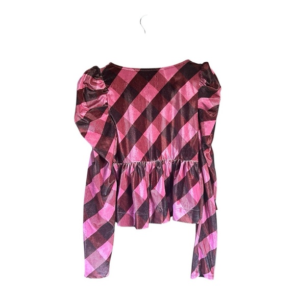 NWT Anthropologie Maeve Checkered Pink Shirt with Puff Sleeves Size S - Picture 3 of 5